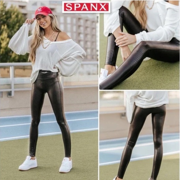 SPANX FAUX LEATHER BROWN CROC SHINE LEGGINGS SIZE SMALL - Picture 5 of 16